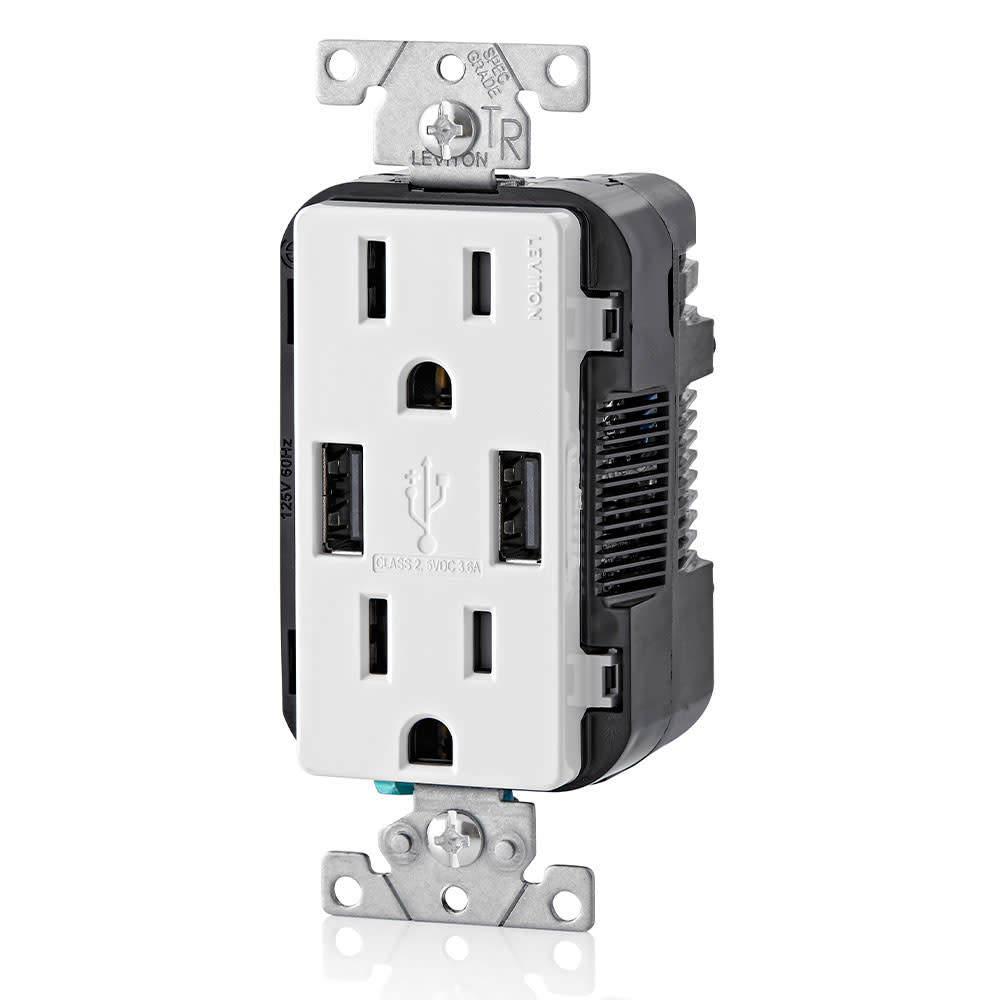 Leviton Receptacle/Outlet and 3.6A USB Charger 15A 125V White