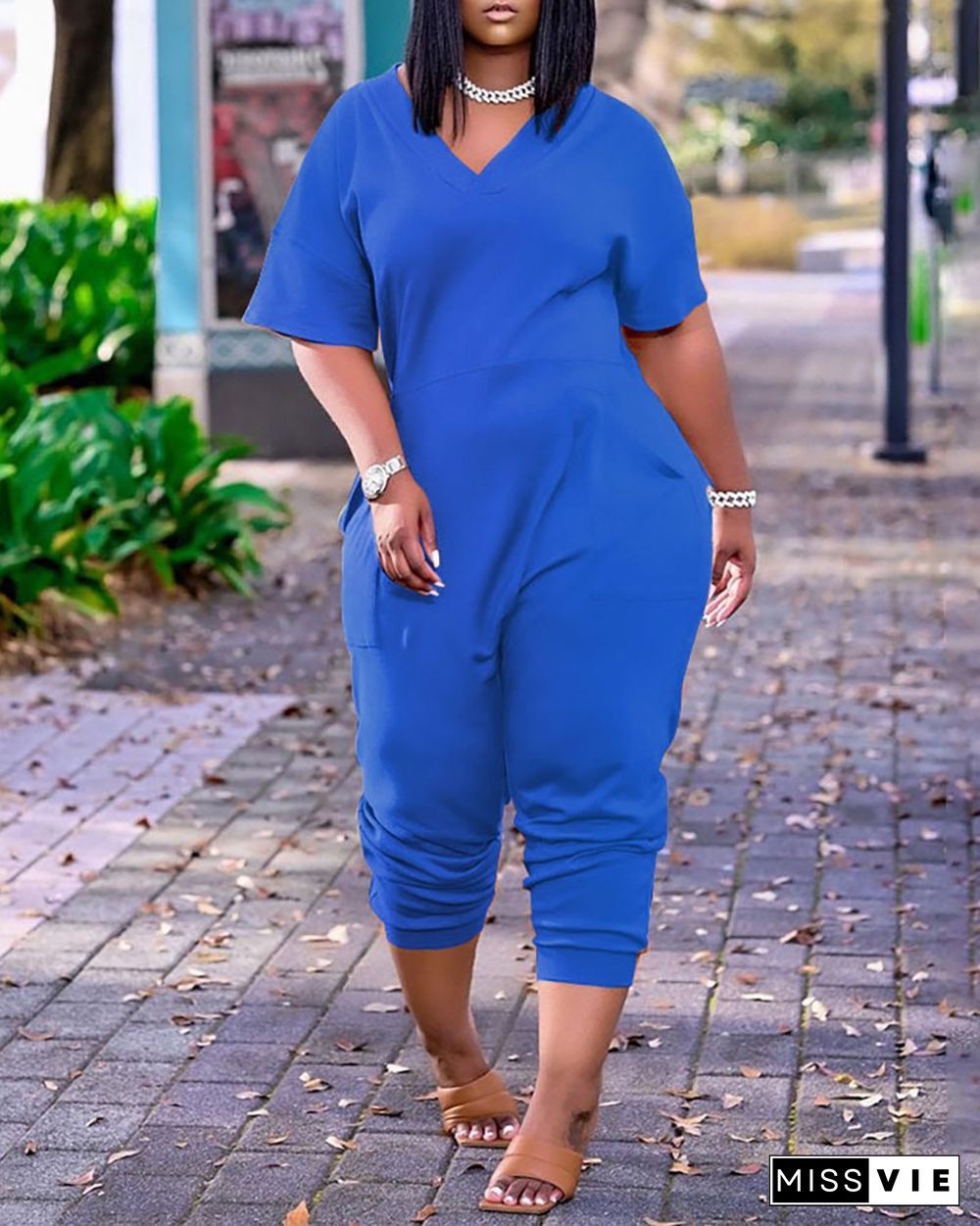 Pocket Design Plain Short Sleeve Jumpsuit