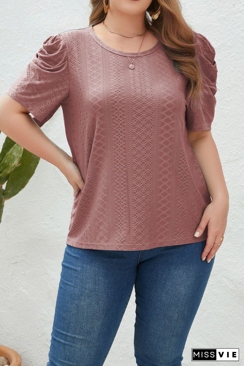 Eyelet Smocked Sleeves Plus Size Top