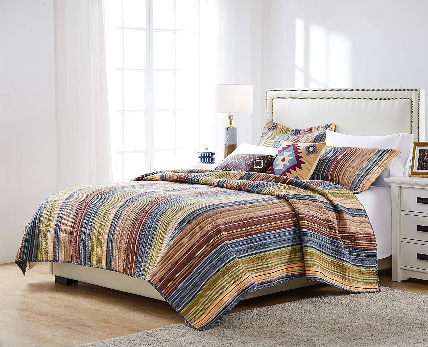 Greenland Home Fashions Katy Boho Stripe 100% Cotton Quilt and Pillow Sham Set， 2-Piece Twin/Twin XL