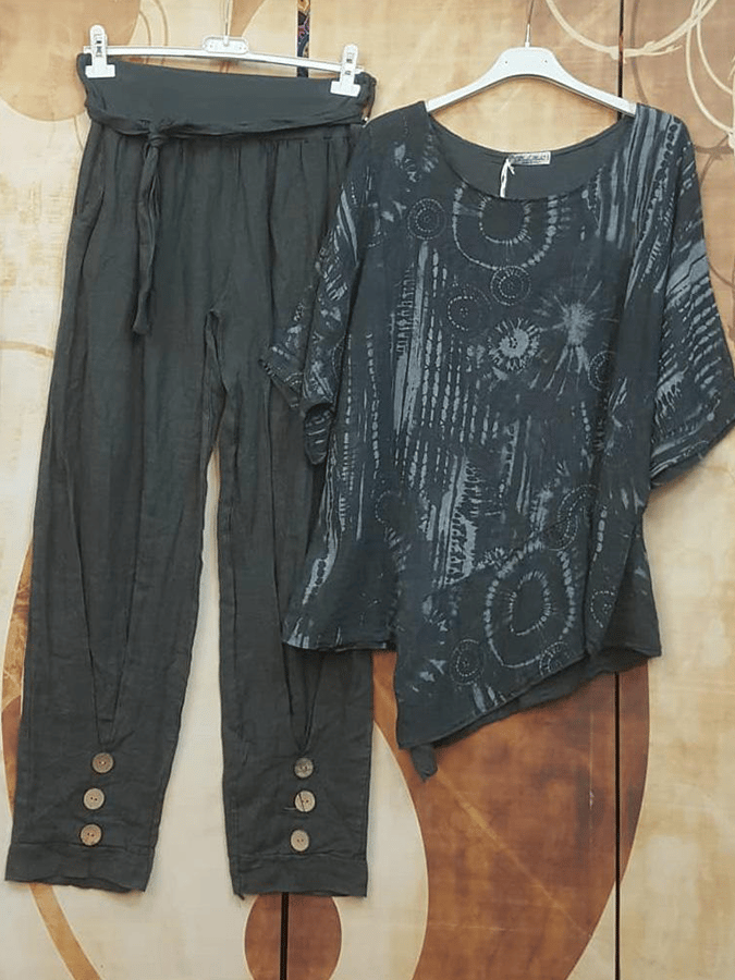 Women's Casual Crew Neck Print Top Trousers Two Piece Set