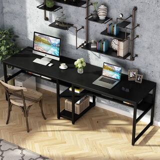 Tribesigns Cassey 78.7 in. Retangular Black Wood and Metal Computer Desk Double Desk for Two Person with Shelf TJHD-QP-0349