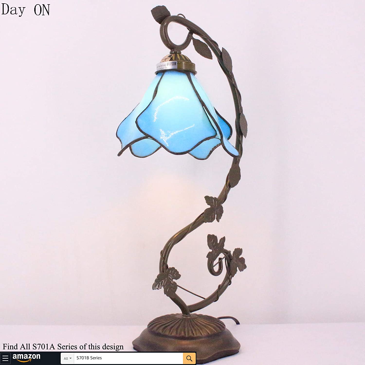 SHADY Tiffany Lamp Blue Stained Glass Table Lamp  Metal Leaf Table Desk Reading Light 8X10X21 Inches Decor Small Space Bedroom Home Office S701 Series