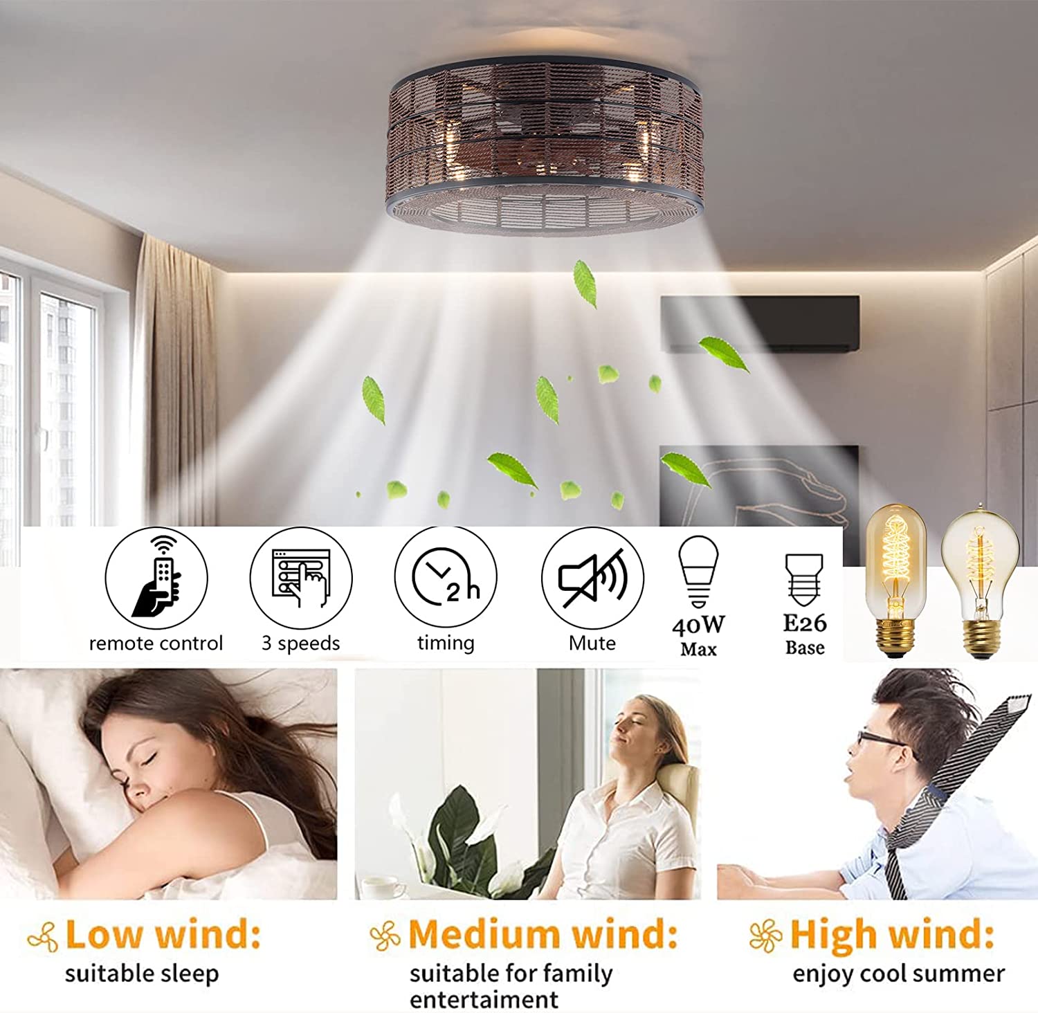 Miumaeov Caged Ceiling Fan with Light， 18.5 in Bladeless Ceiling Fan with Remote Control， 3 Speeds Low Profile Modern Enclosed Ceiling Fans with Silent Motor， Brown