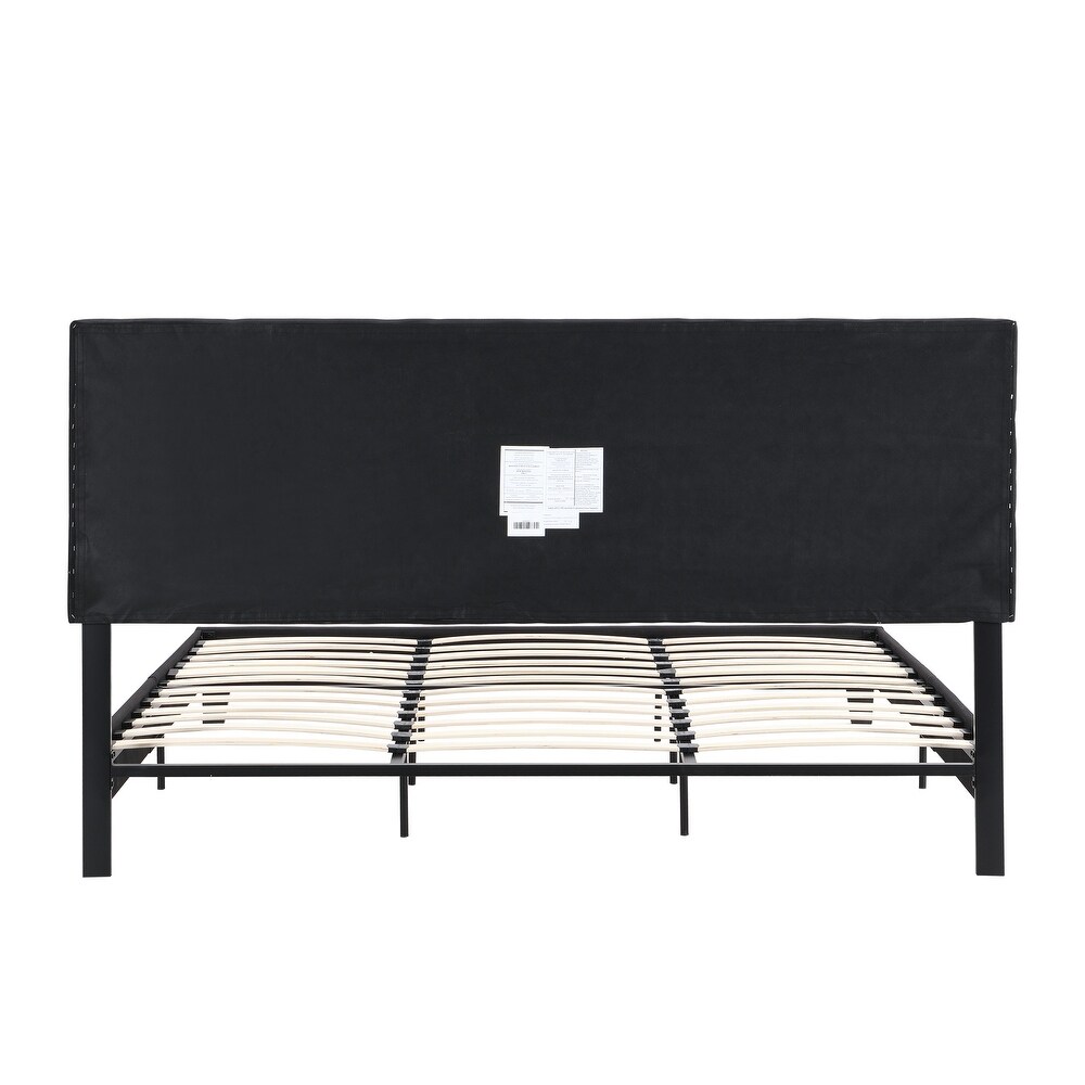 King Size Upholstered Platform Bed Frame with Linen Fabric Headboard