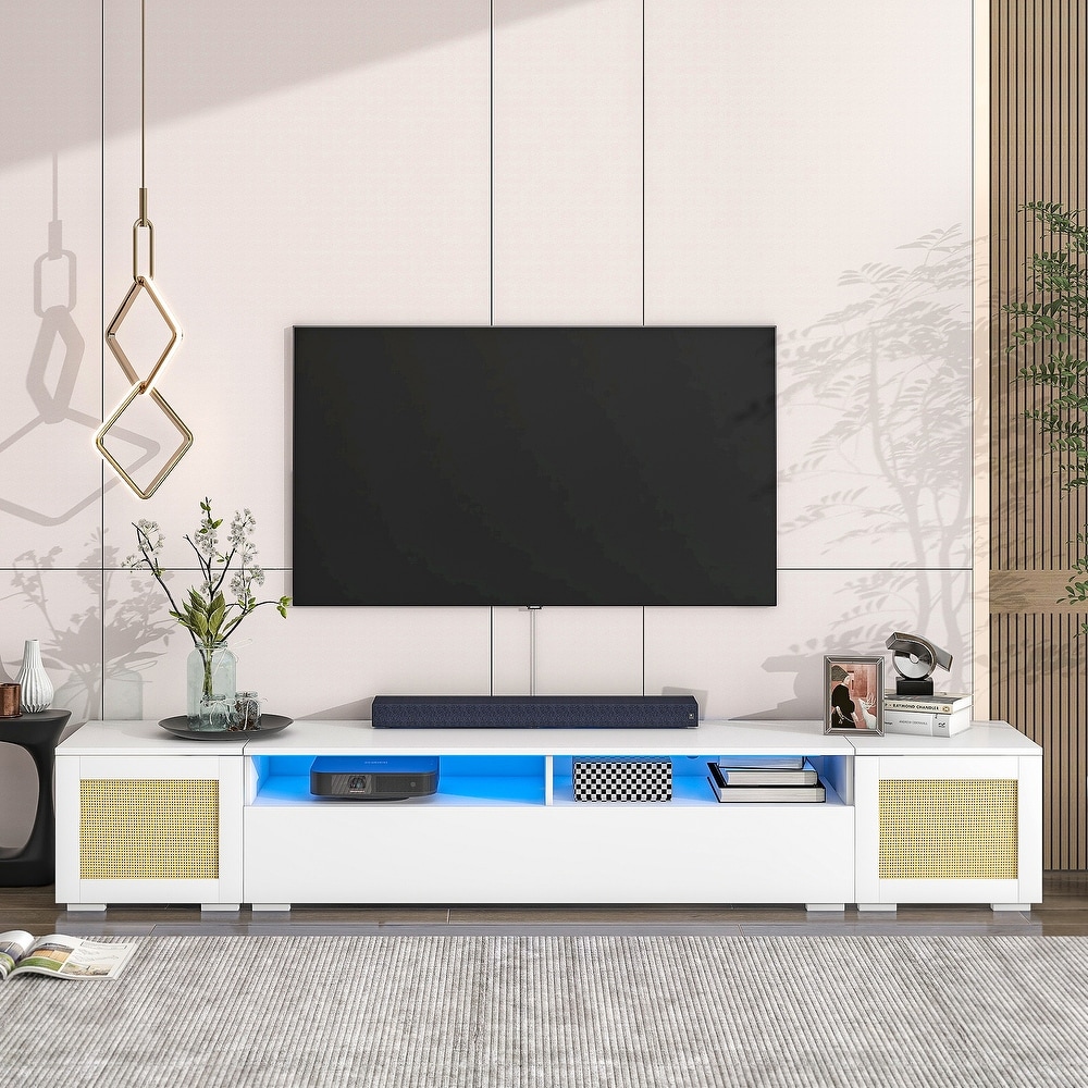 Rattan 3 pics Extended TV Console Table with Push to Open Doors  Color Changing LED Lights