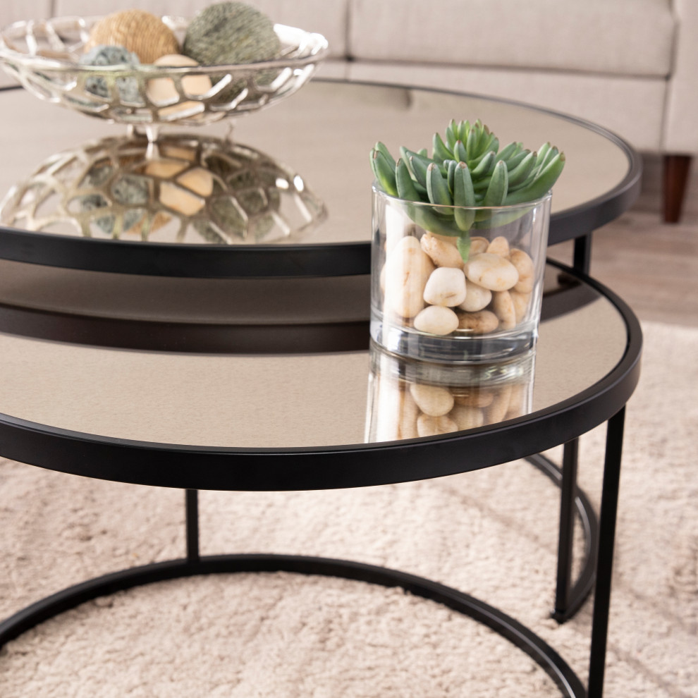 Donabbey Round Nestng Cocktail Tables 2pc Set  Antique Mirror and Black   Transitional   Coffee Table Sets   by SEI  Houzz