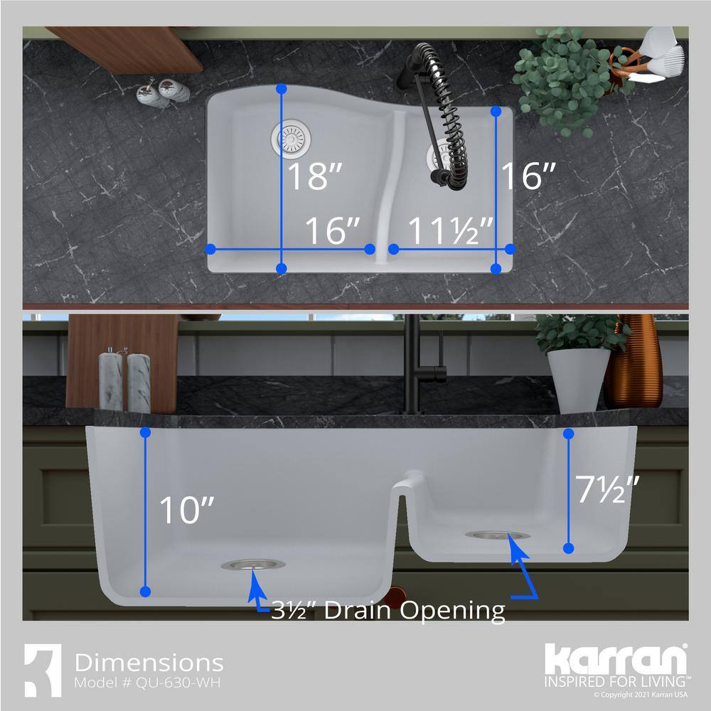 Karran Undermount Quartz Composite 32 in. 6040 Double Bowl Kitchen Sink in White QU-630-WH