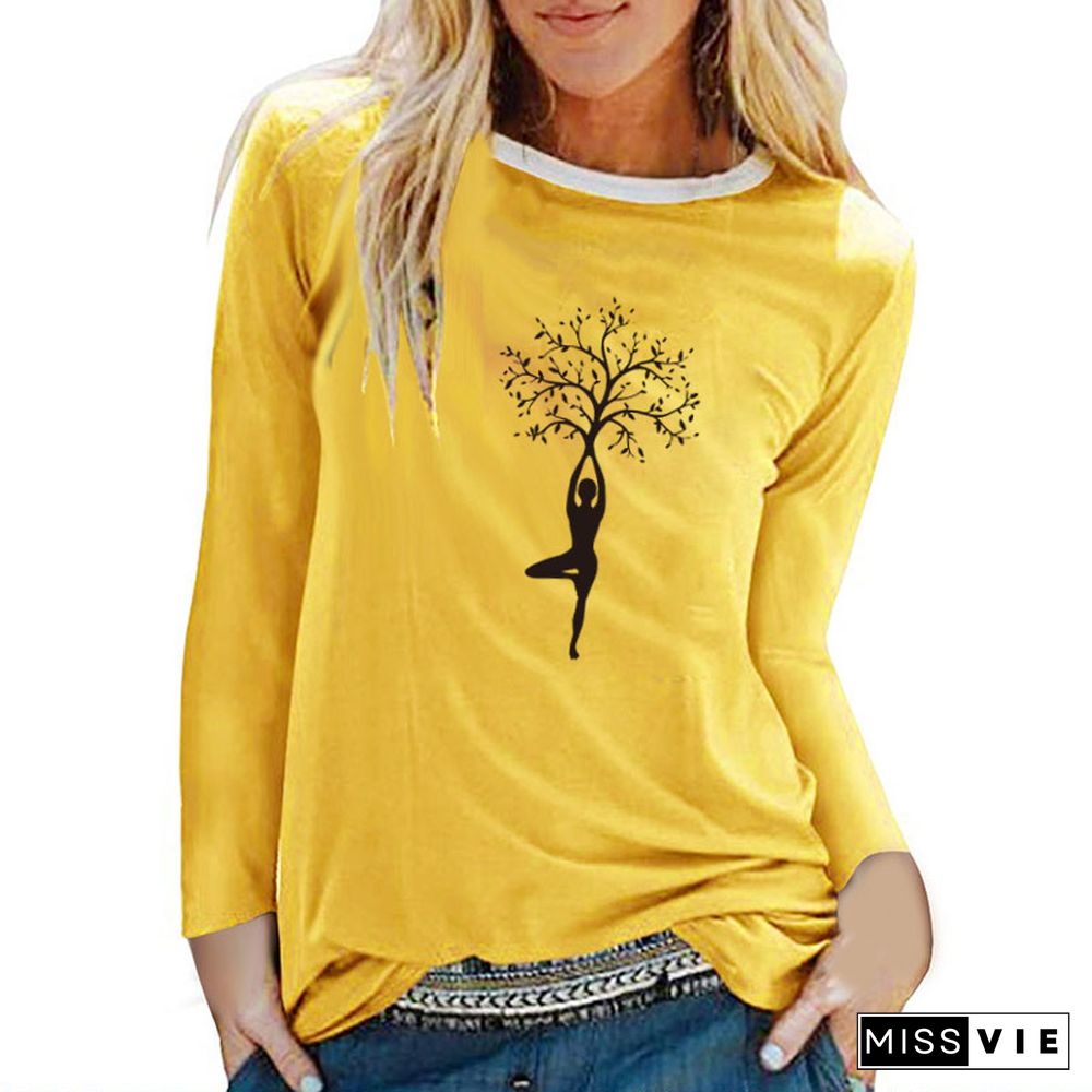 Lady Tree Print Long Sleeve T-shirts Women Autumn Winter ShirtsFor Women Cotton Graphic Tees Aesthetic White O Neck Tops Female