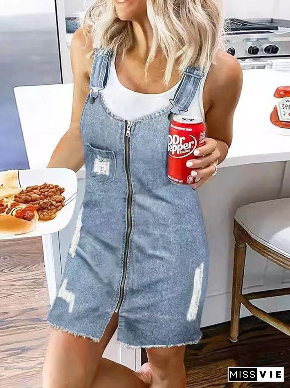 Women'S Dresses Zip Pocket Suspenders Strap Denim Dress