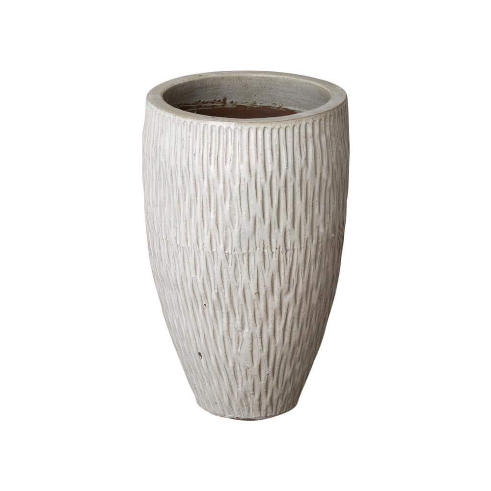 Emissary Tall 17 in. L x 27 in. H Distressed White Ceramic Round Planter with Drainage Hole 12125DW-2