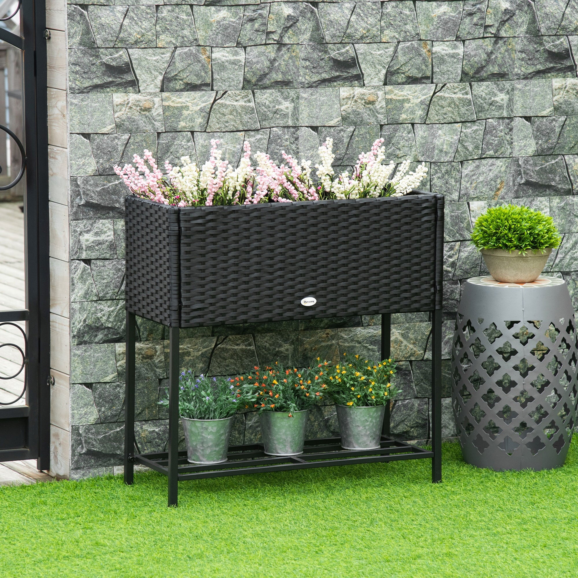 Outsunny Elevated Metal Raised Garden Bed with Rattan Wicker Look, Underneath Tool Storage Rack, Sophisticated Modern Design, Black