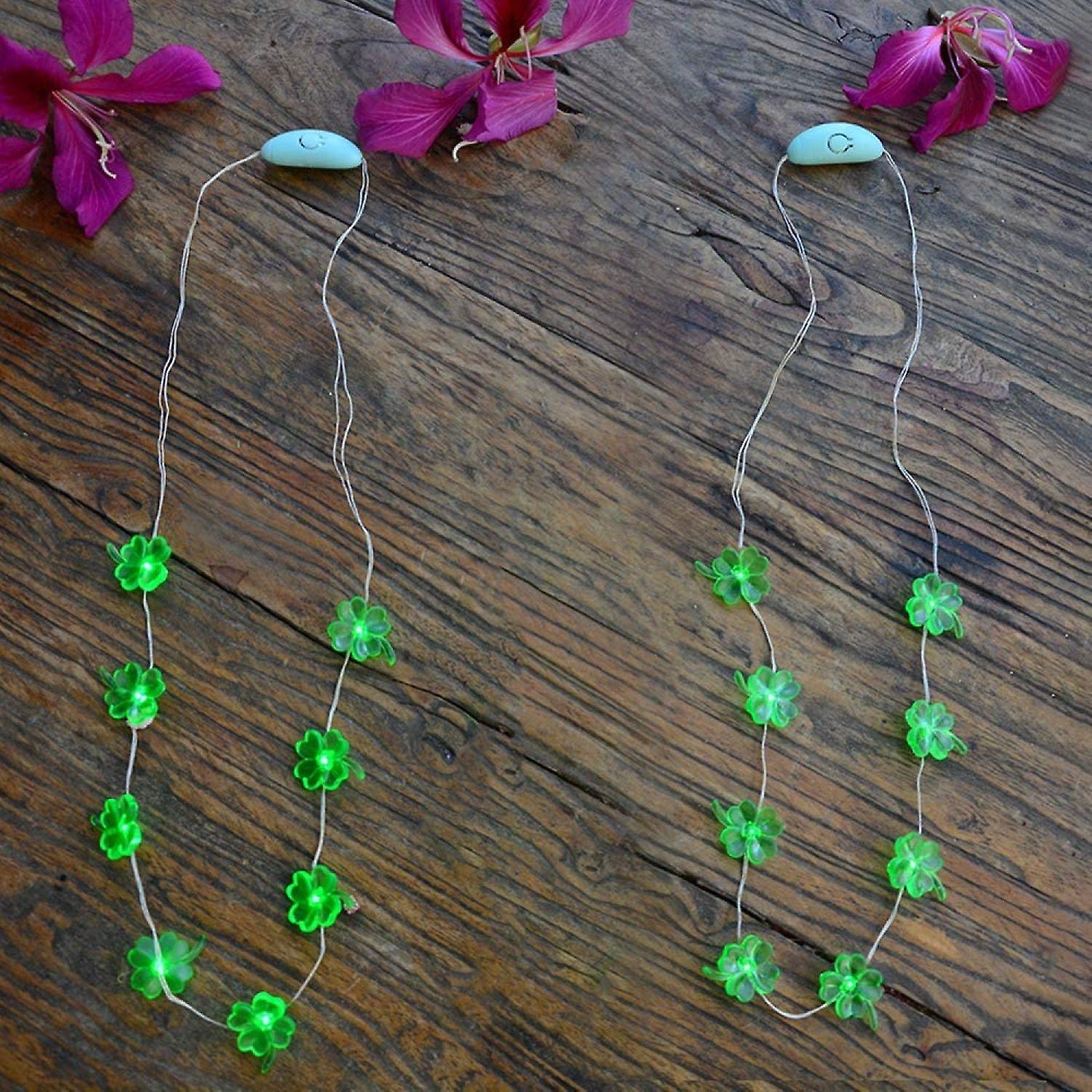 St Patrick's Day Party Favors， Light Up Lucky Clover Glowing Necklace 8 Leds Shamrocks Set Of 2 With Multi Flashing Options For Parade Spring Green De