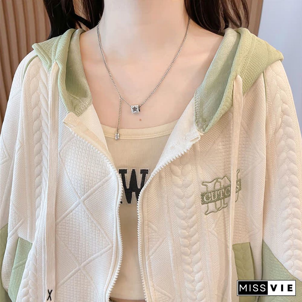 Letter Embroidery Colorblock Short Zipper Hooded Sweatshirt