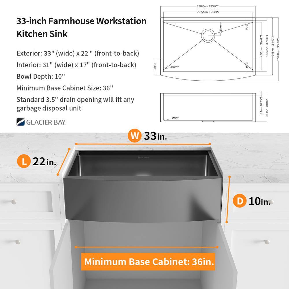 Glacier Bay Gunmetal Black Stainless Steel 33 in. 18-Gauge Single Bowl Farmhouse Workstation Kitchen Sink ACS3322A1Q-W