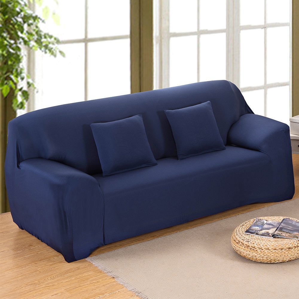 Stretch Elastic, Anti-Wrinkle, Pure Color Slipcover For 1-4 Seater Sofas For Moving Living Room Furniture (3 Seater, Blue)