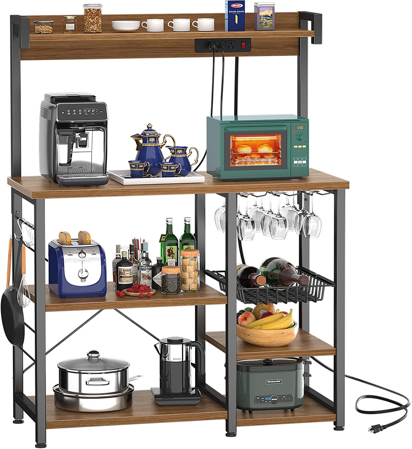 Bakers Rack with Power Outlet, Microwave Stand, Kitchen Storage Shelf with Wire Basket, Coffee Bar Station with Wine Glass Holder, 35.4