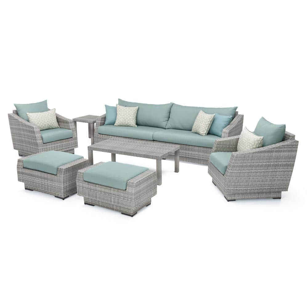 RST BRANDS Cannes 8-Piece All-Weather Wicker Patio Sofa and Club Chair Conversation Set with Spa Blue Cushions OP-PESS8-CNS-SPA-K