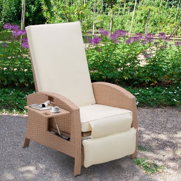 Outsunny Patio Recliner Outdoor Reclining Chair With Flip up Side Table All weather Wicker Metal Frame Chaise With Footrest Cushions