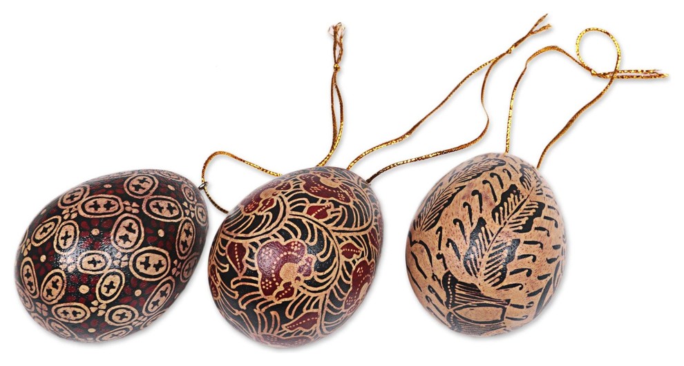 3 Piece Novica Kawung Eggs Batik Wood Ornaments   Contemporary   Christmas Ornaments   by NOVICA  Houzz