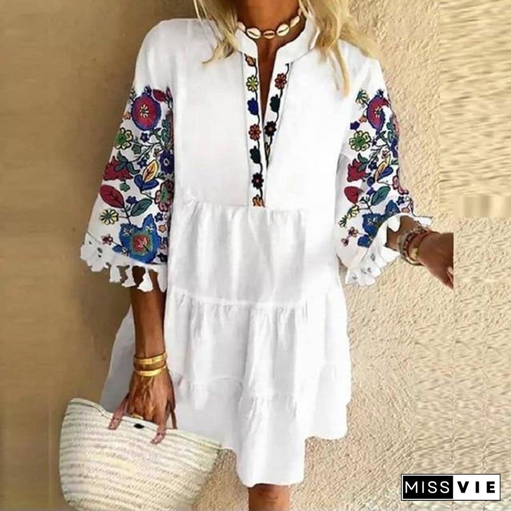 Plus Size 5XL Floral Print Boho Dress Women Tassle Sleeved White Mini A-Lline Dress Autumn New Sweet Bohemian Loose Dresses