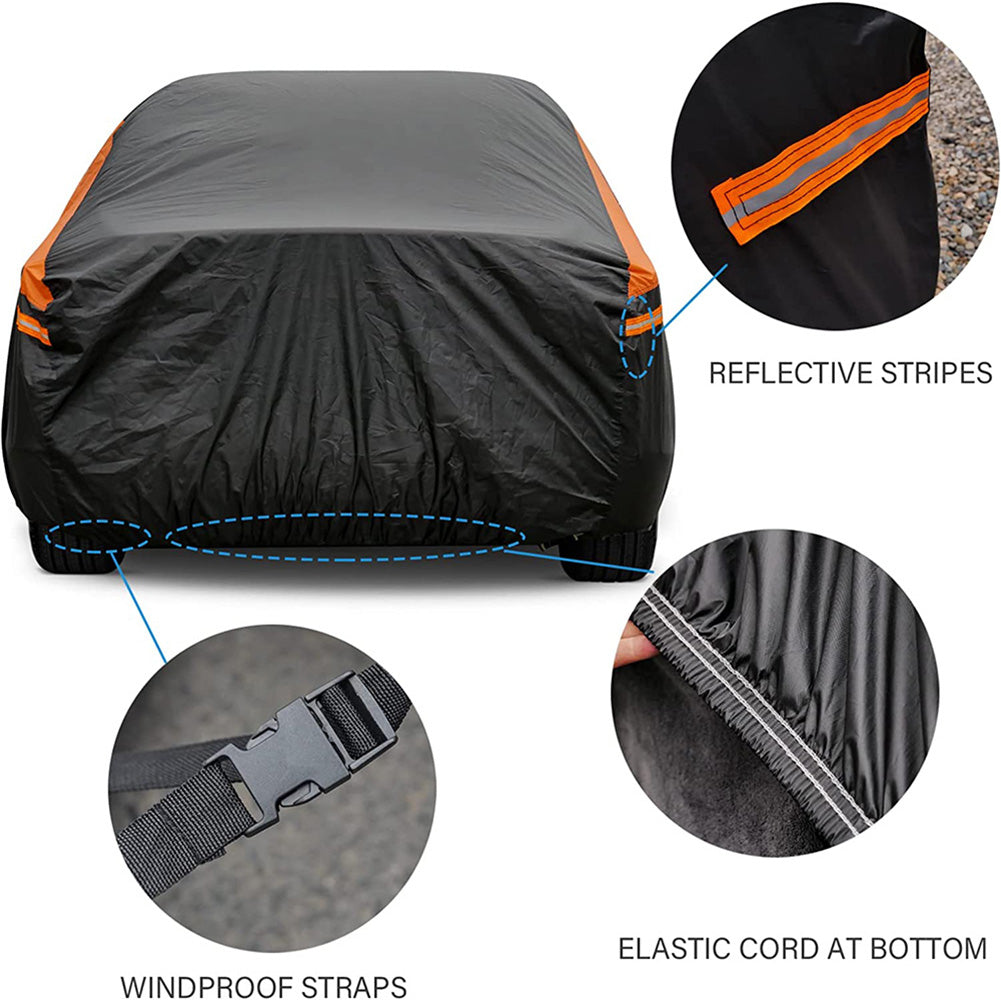 Waterproof and all-weather car cover for Jeep Wrangler， full outdoor coverage， snow， sun and UV protection， suitable for all 2-door Jeep Wranglers.