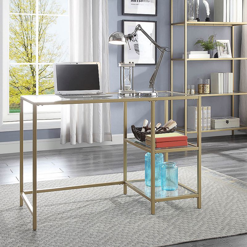 Marcello Glass Gold Top Desk with Shelves