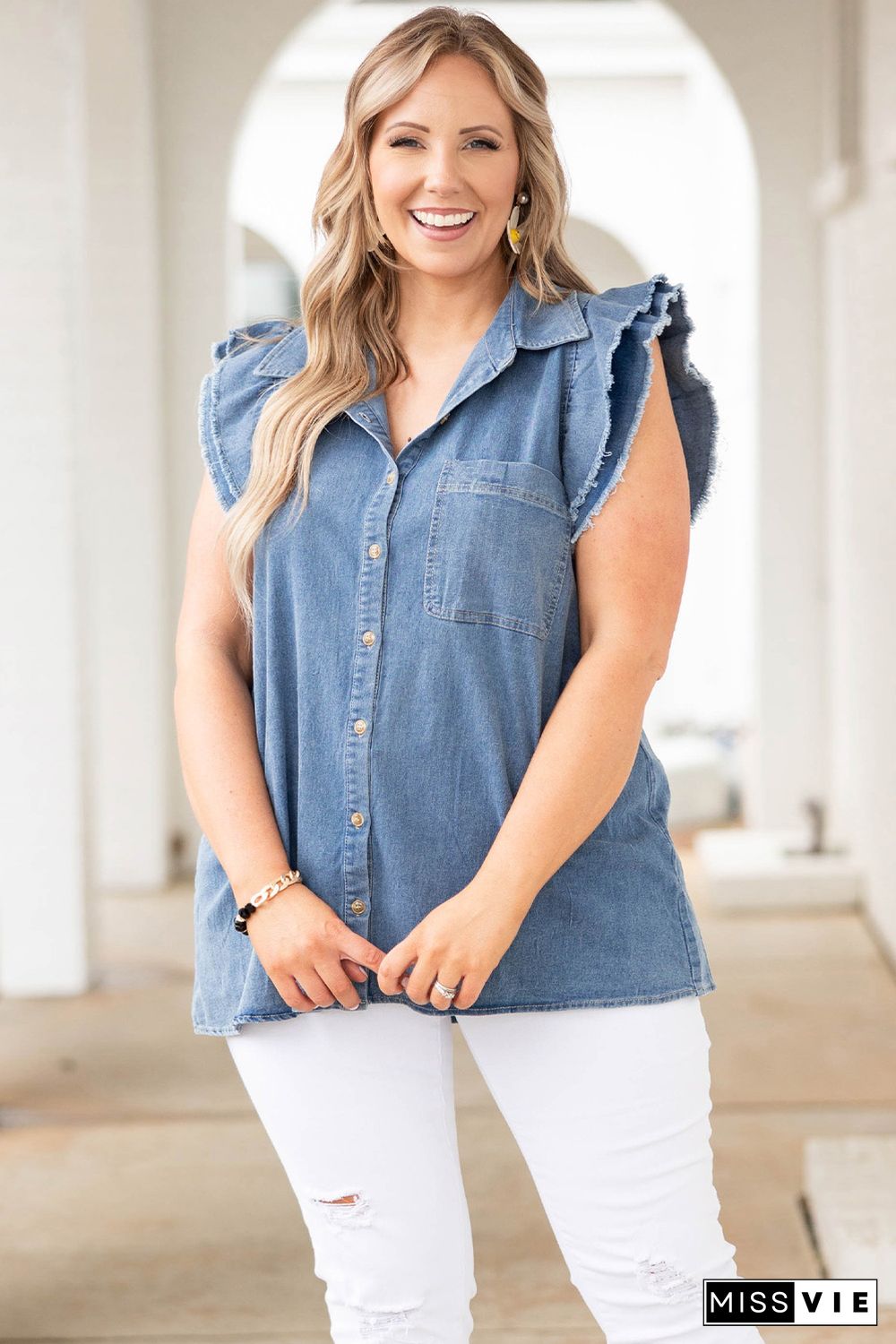 Blue Frayed Ruffle Sleeve Plus Size Denim Shirt