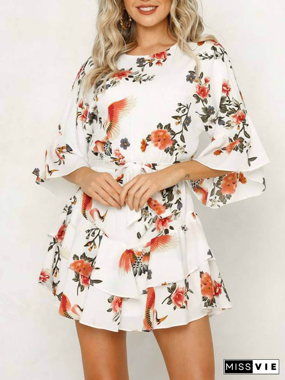 White 3/4 Length Sleeve Floral Pleated Hem Mini Dress