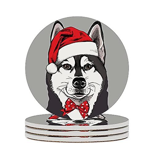 Round Drink Coasters 6 Pcs Siberian Husky In Santa's Hat With A Tie Absorbent Ceramic Coaster With Cork Base For Coffee Cups Housewarming Gift For Hom