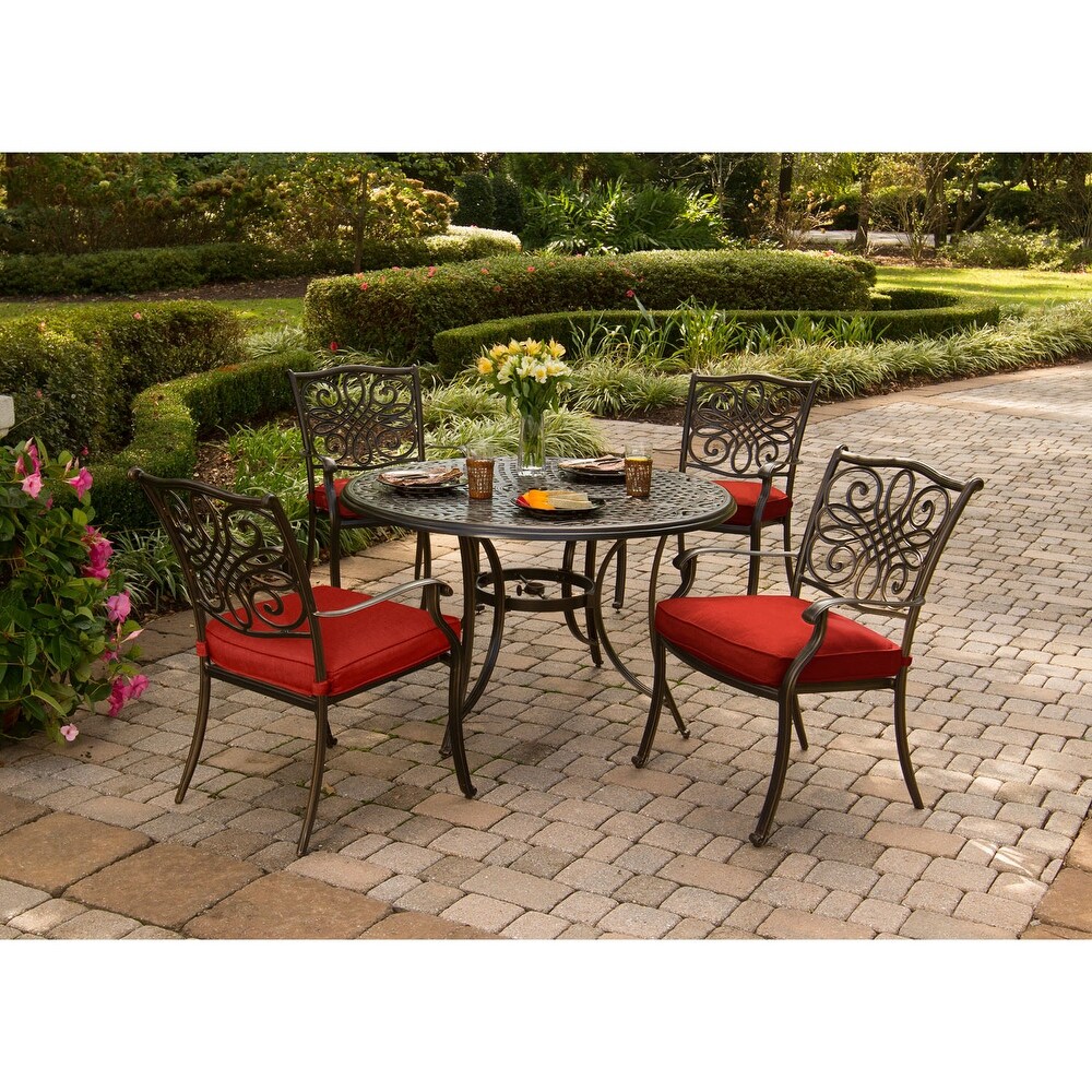 Hanover Traditions 5 Piece Dining Set in Red with 48 In. Cast top Table and Four Dining Chairs