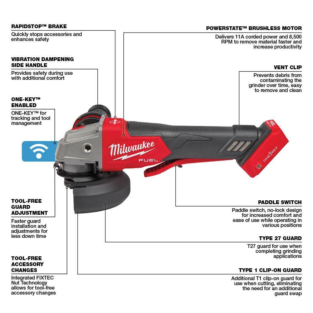 MW M18 FUEL 18V Lithium-Ion Brushless Cordless 4-12 in.5 in. Braking Grinder With Paddle Switch (Tool-Only) 2882-20