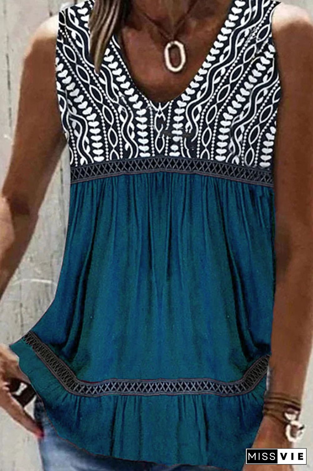 V Neck Color Block Printed Tank Top