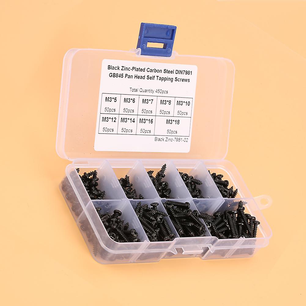 450pcs Black M3 Cross Pan Head Self Tapping Screws Set Assortment Kit