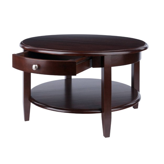 Concord Round Coffee Table With Drawer And Shelf Antique Walnut Winsome