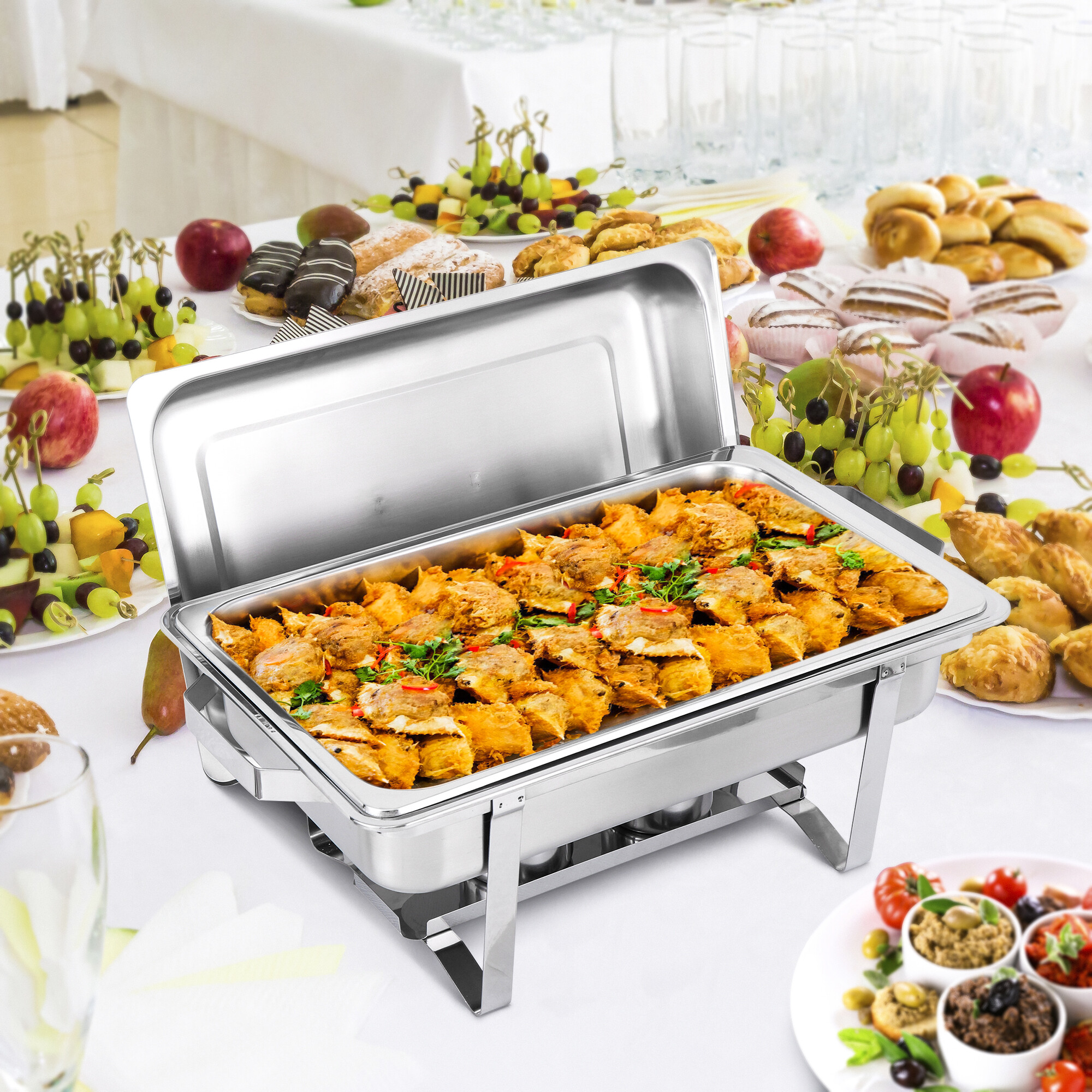 SuperDeal 4 Pack Stainless Steel Chafing Dishes Rectangular 8 Quart Buffet Tray Silver