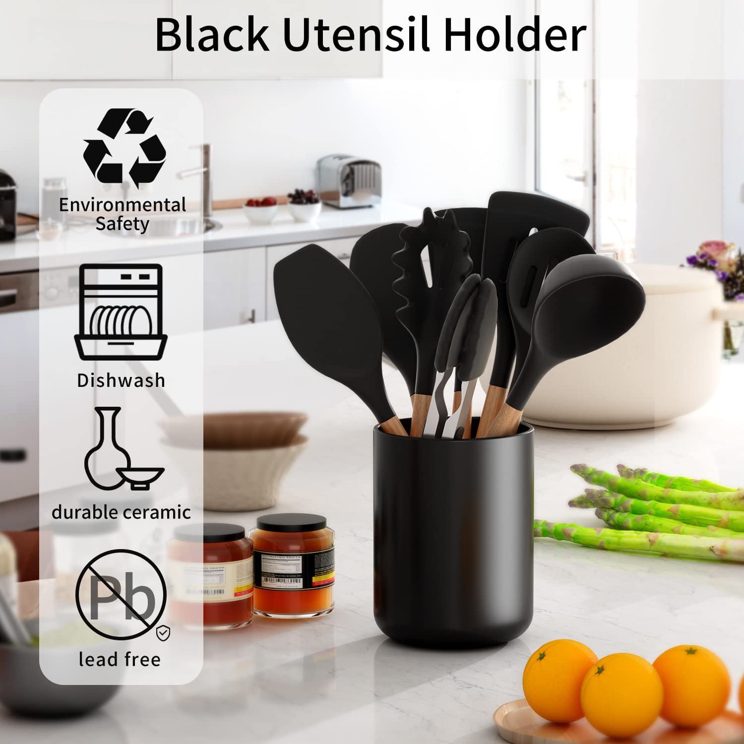 Kitchen Utensil Holder For Countertop， Black Ceramic Kitchen Utensils Crock For Counter Or