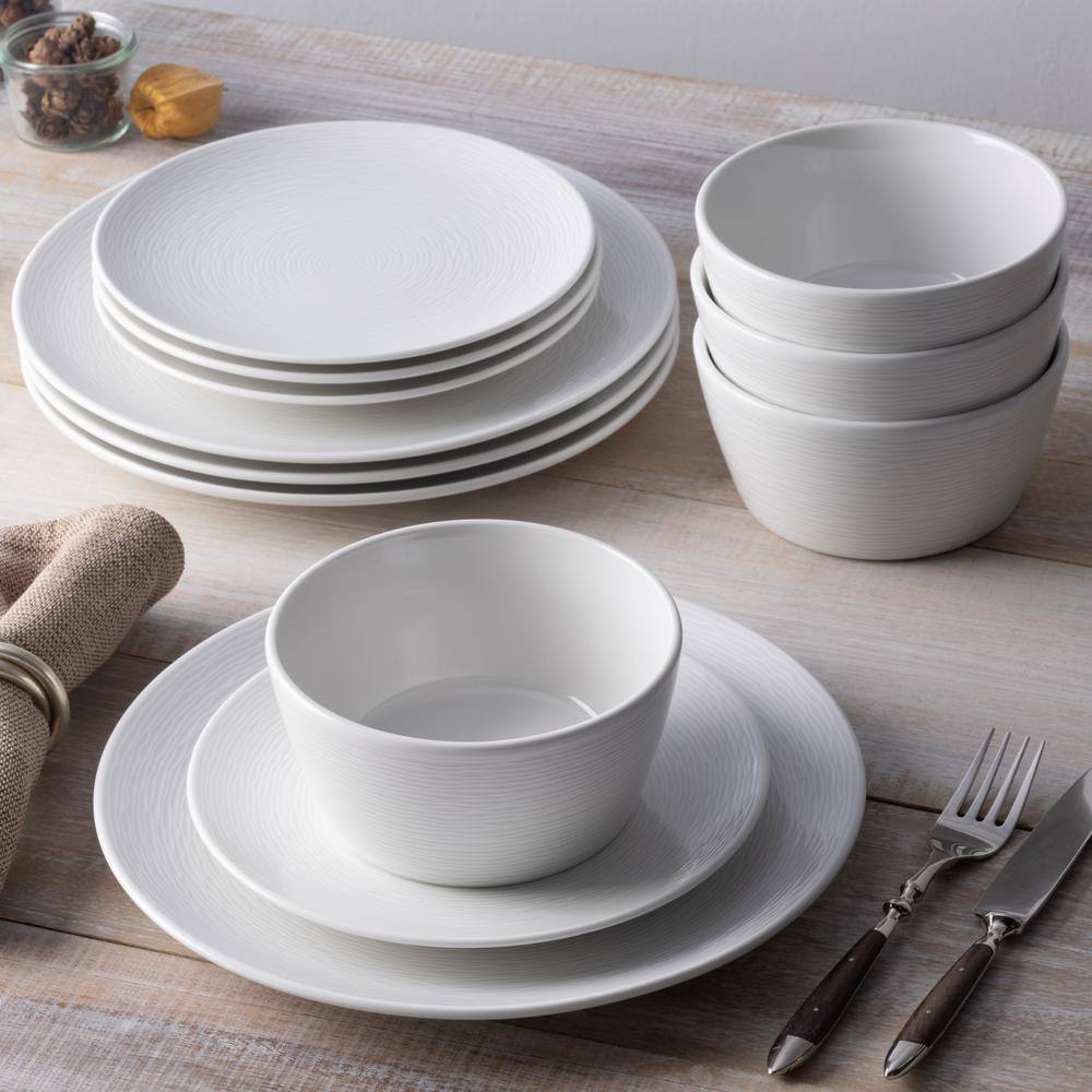 Noritake Colorscapes White-on-White Swirl Porcelain 12-Piece Coupe Dinnerware Set (Service for 4) 43813-12E