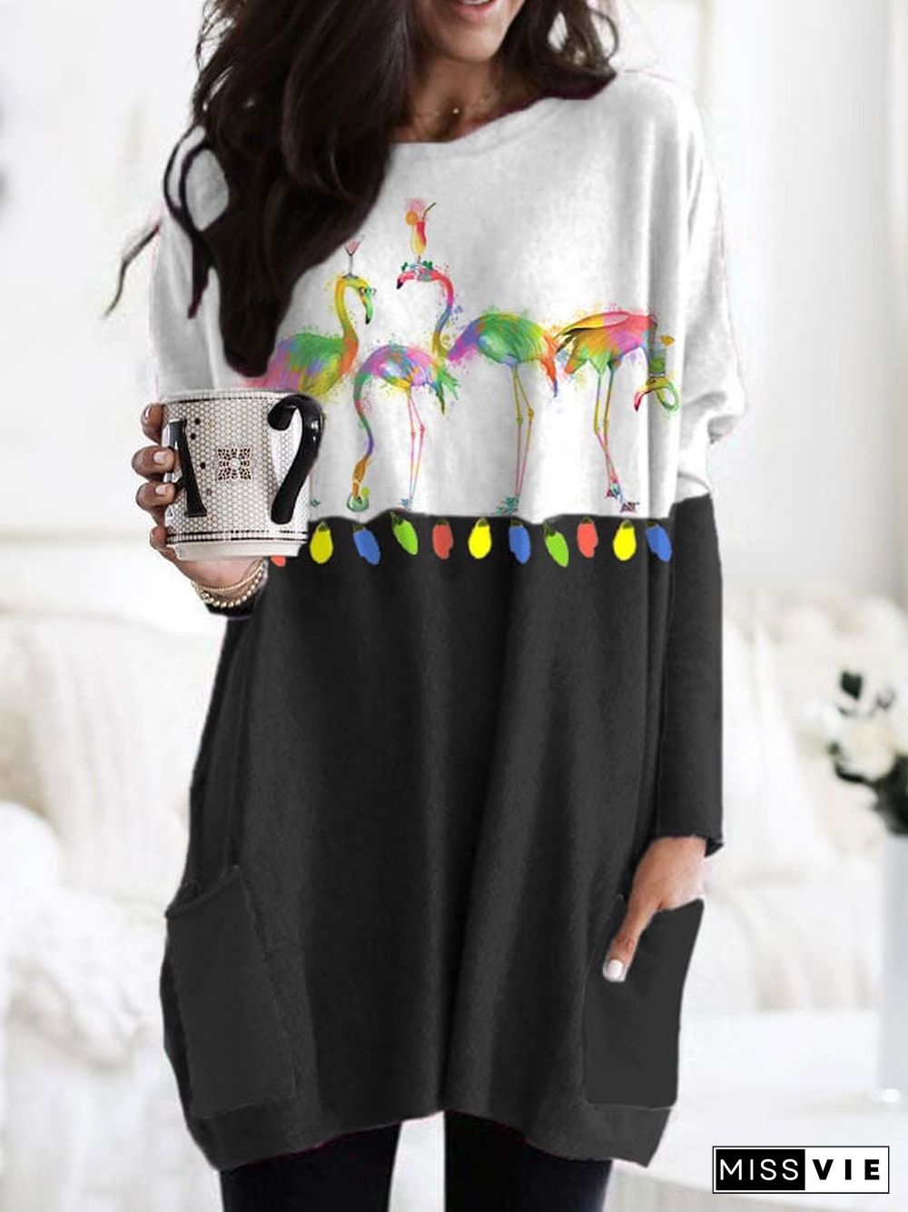 Women's Christmas Watercolor Flamingo Print Dress