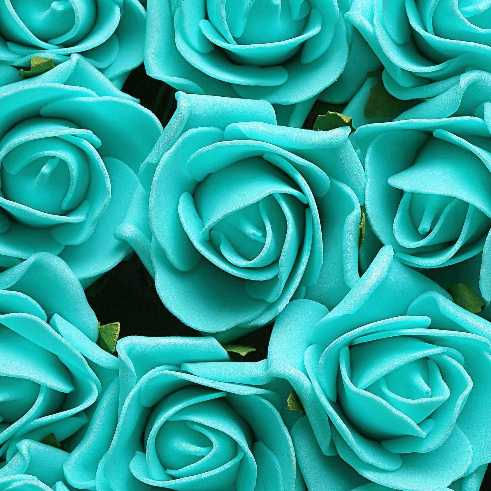 24 Roses Turquoise Artificial Foam Flowers With Stem Wire and Leaves 2