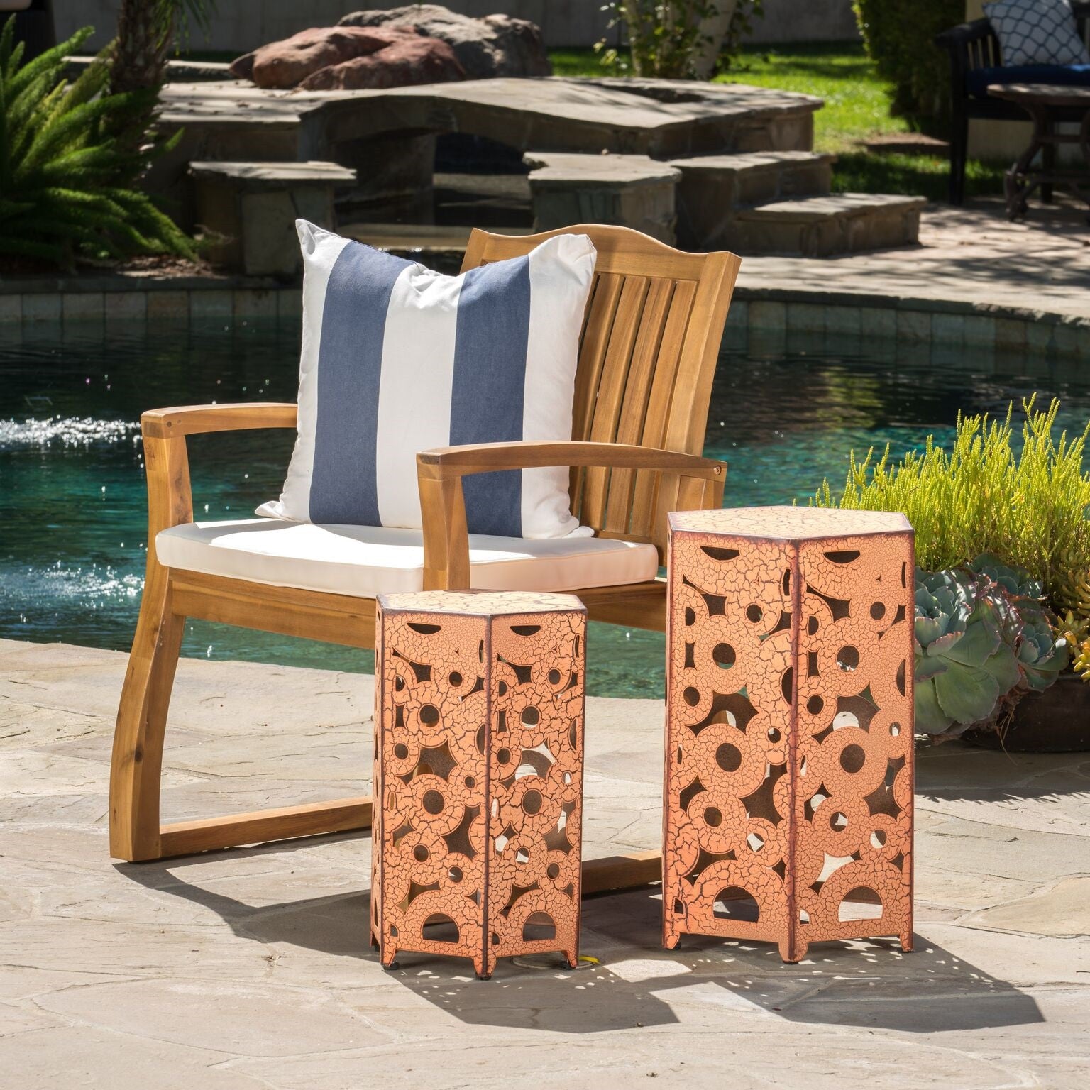 Contemporary Outdoor Hexagonal Antique Orange Iron Accent Tables (Set of 2)