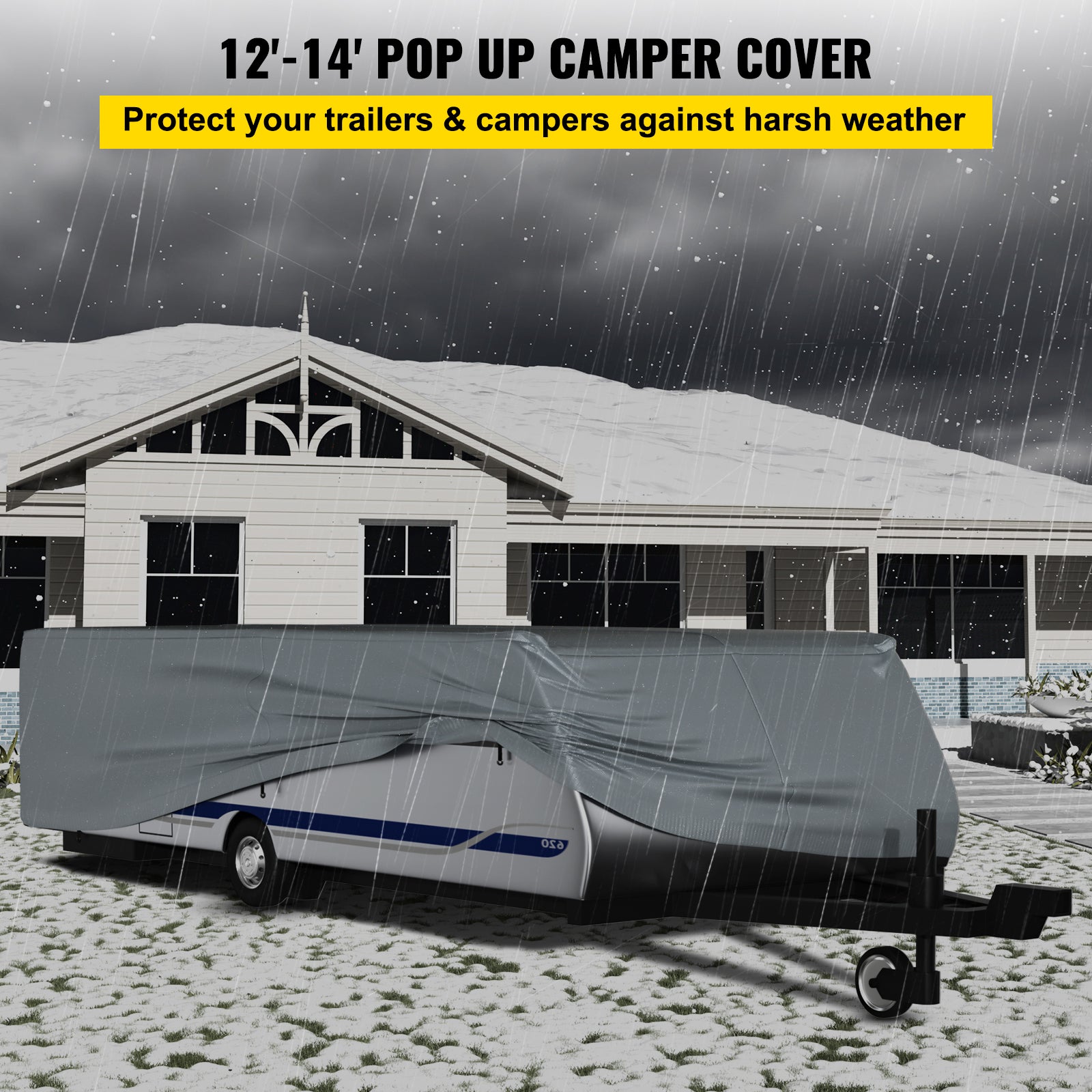 VEVOR Pop Up Camper Cover， Fit for 12'-14' Trailers， Ripstop 4-Layer Non-woven Fabric Folding Trailer Covers， UV Resistant Waterproof RV Storage Cover w/ 3 Wind-proof Ropes and 1 Storage Bag， Gray