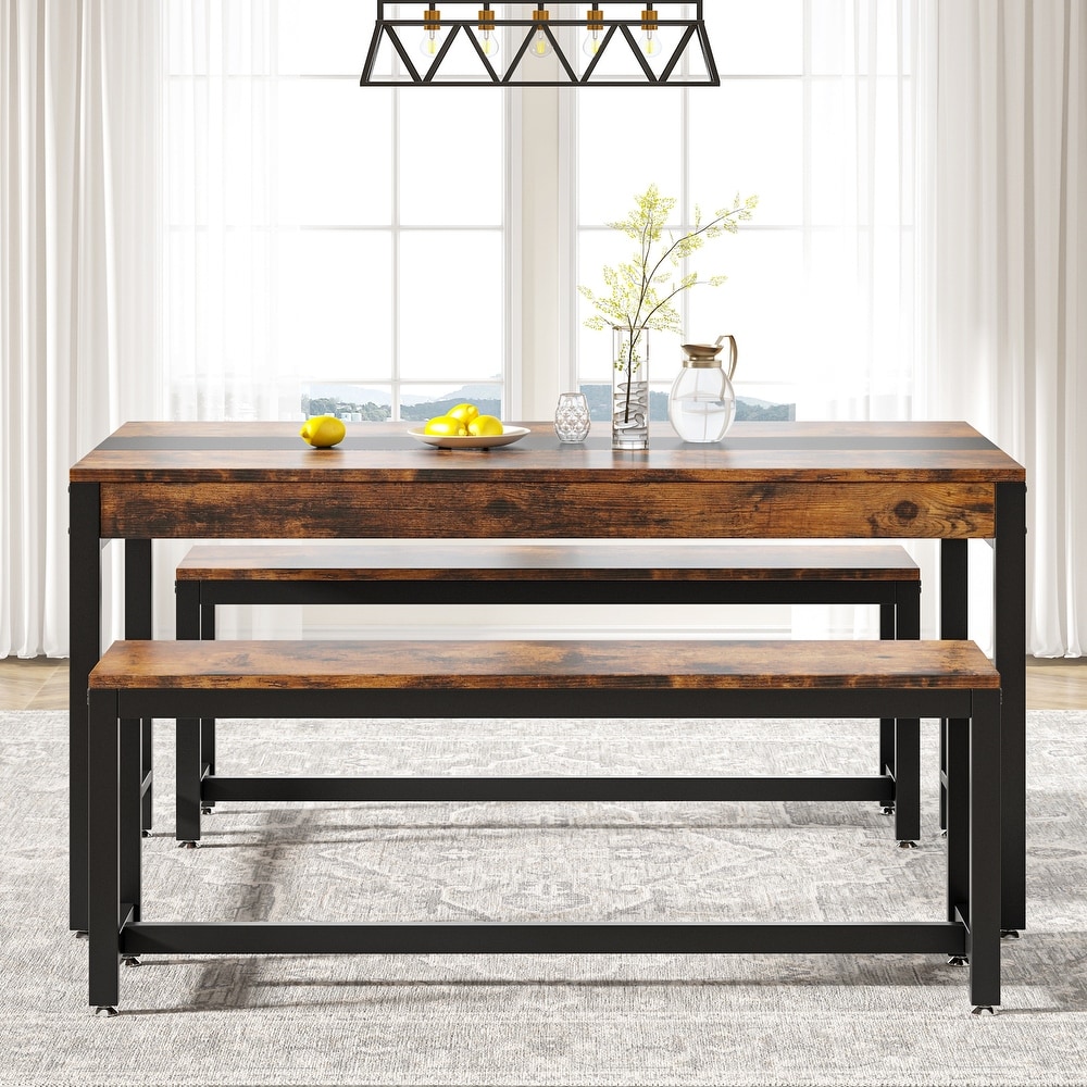 3 Piece Industrial Dining Table Set with Bench and Sided Drawer for Kitchen