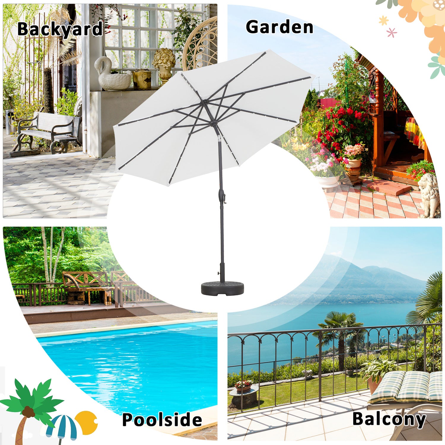 Autlaycil 9ft Patio Solar Umbrella LED Patio Market Steel Tilt w/ Crank Outdoor, White