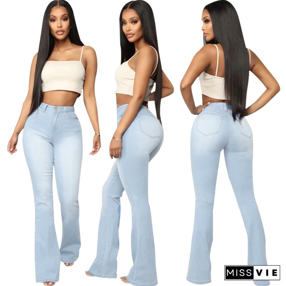 High Waist Full Length Slim Flare Jeans Pants