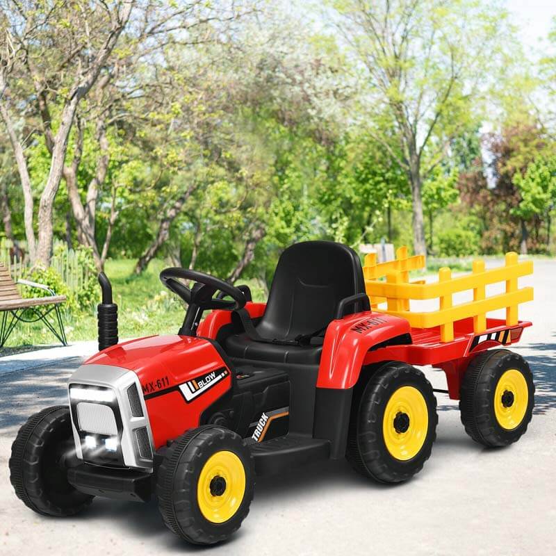 Kids Ride on Tractor w/Trailer 12V Battery Powered Electric Riding Toy Car Vehicle with 3-Gear-Shift Ground Loader