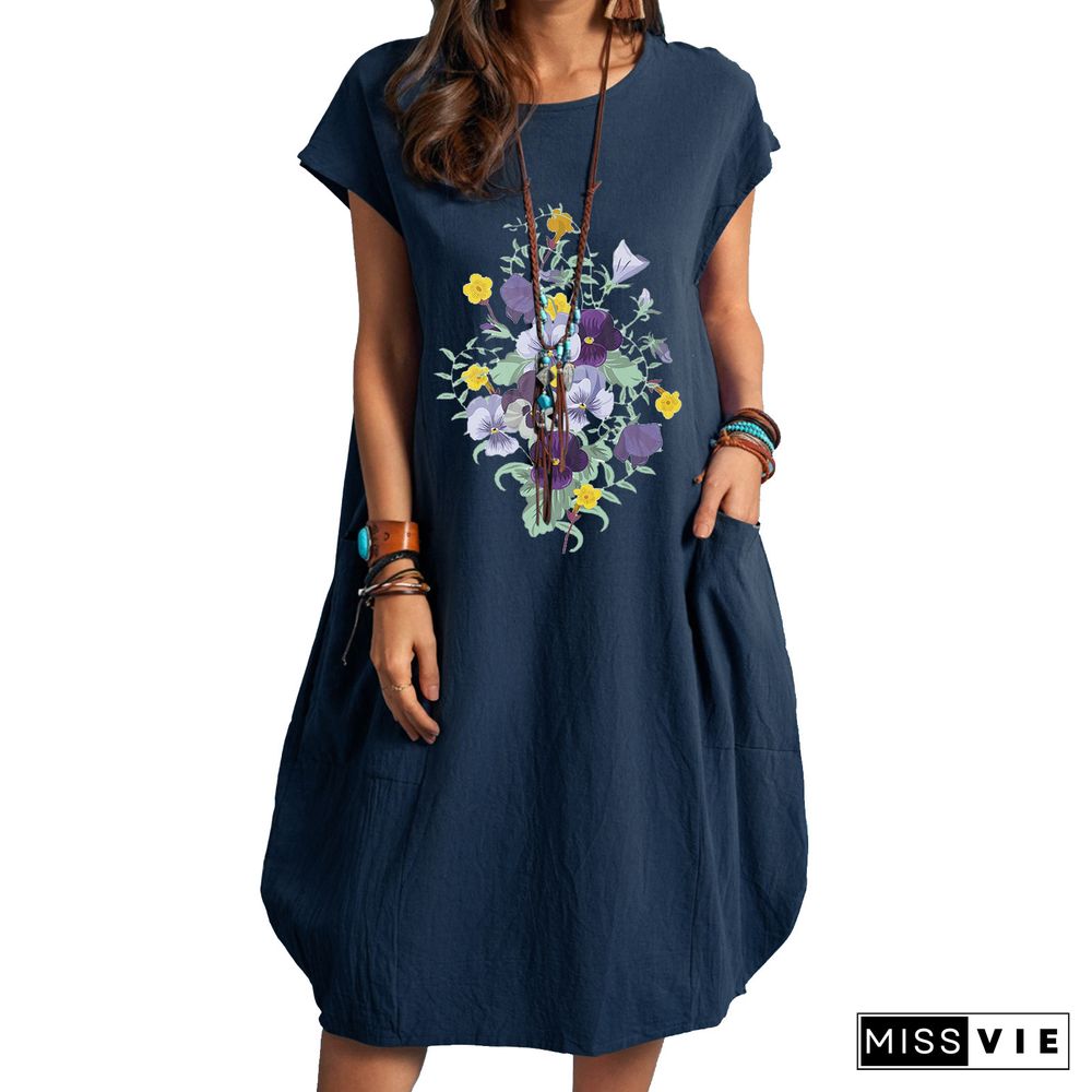 Flower Print Plus Size Cotton and Linen Pocket Dress Black Dresses