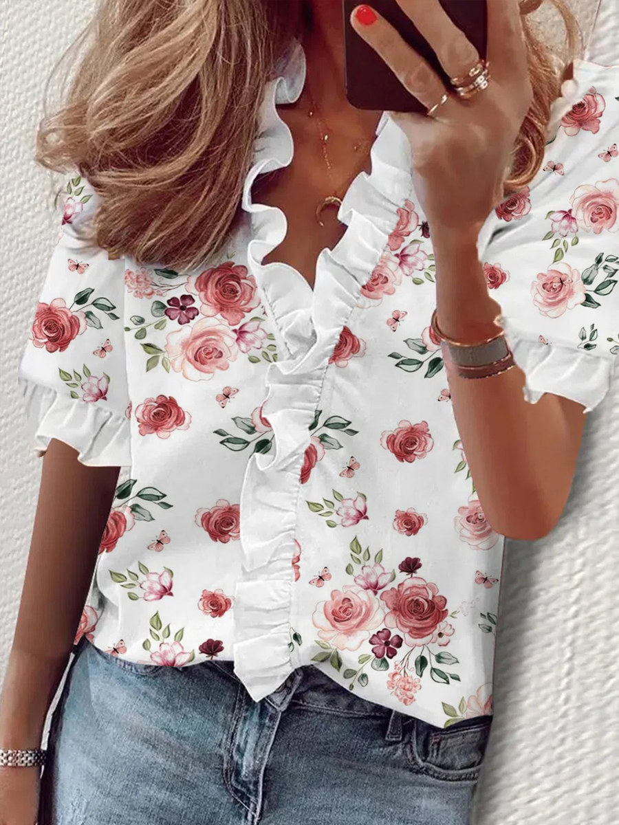 Floral V Neck Casual Short Sleeve Loosen Tops