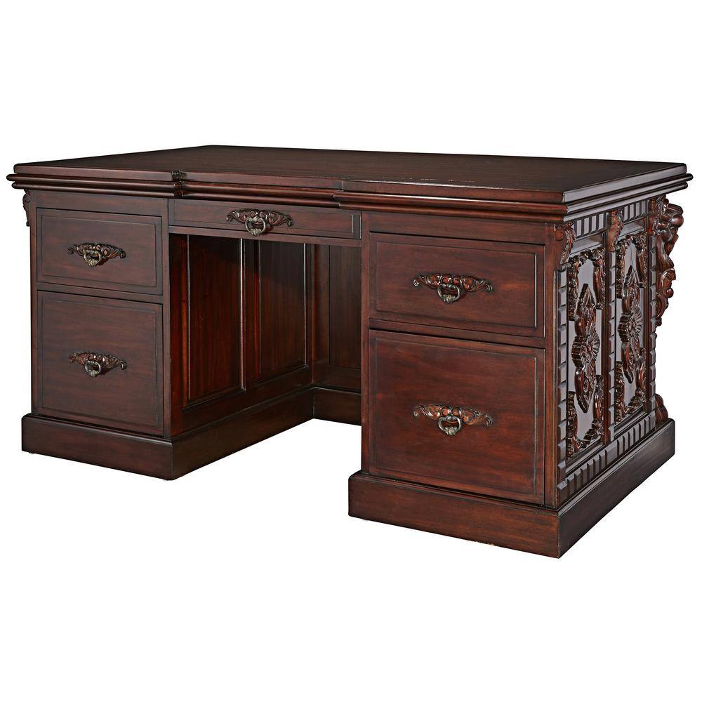 Design Toscano Lord Raffles Lion 63 in. Rectangular Mahogany Brown 5-Drawer Executive Desk AF57224