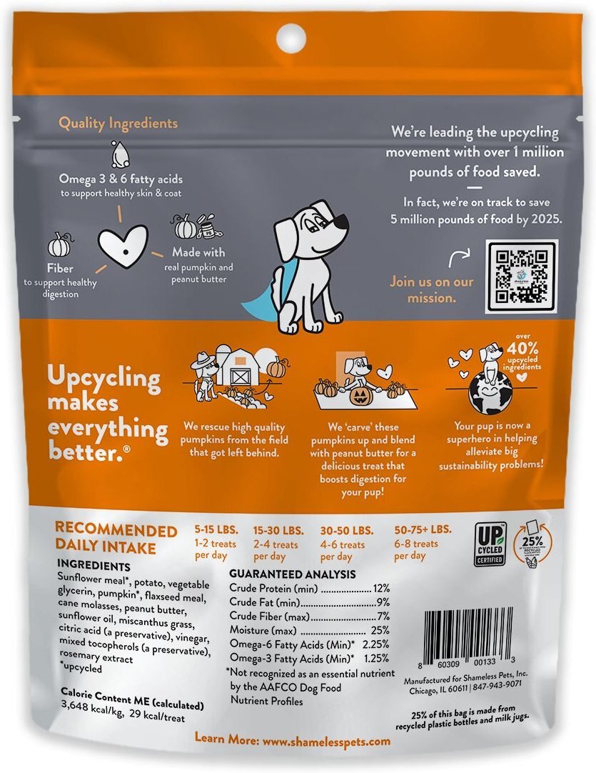 Shameless Pets Soft Baked Pumpkin Nut Partay Flavor Grain-Free Dog Treats， 6-oz bag